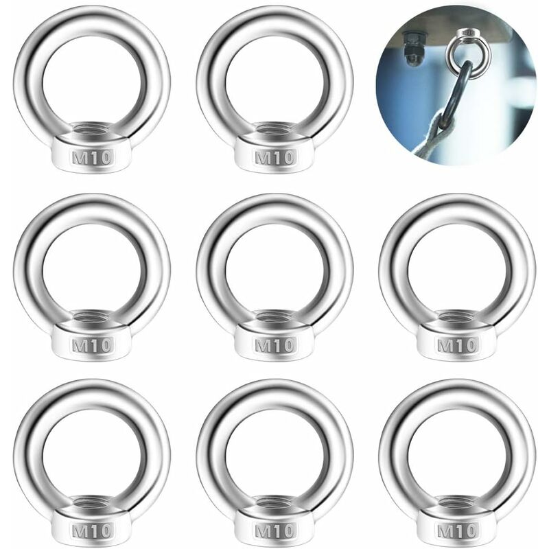 M10 Écrou pour les Yeux 8 Pcs Écrou à Oeil en Acier Inoxyable 304 Anneau de Levage à Oeil Boulon à Oeil Vis Écrou à Oeil de Levage Écrou de Bague,
