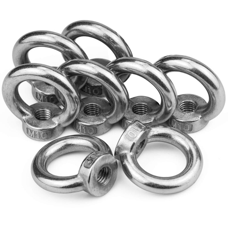 Aougo – Écrou d'œil M10 en acier inoxydable 304 – Lot de 8 – Charge maximale 230 kg – Diamètre intérieur 25 mm – Longueur de filetage 11 mm