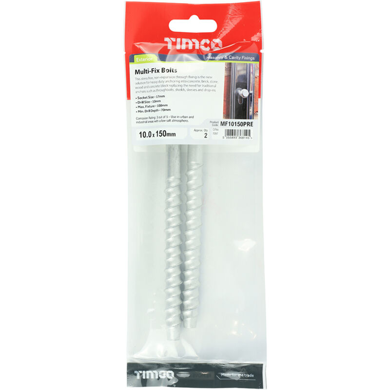 Timco - Masonry Bolts - Hex - Exterior - Silver (Size 10.0 x 150 - 2 Pieces)