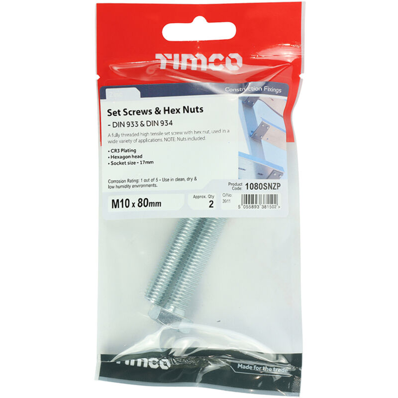 Timco - Set Screws & Hex Nuts - Grade 8.8 - Zinc (Size M10 x 80 - 2 Pieces)