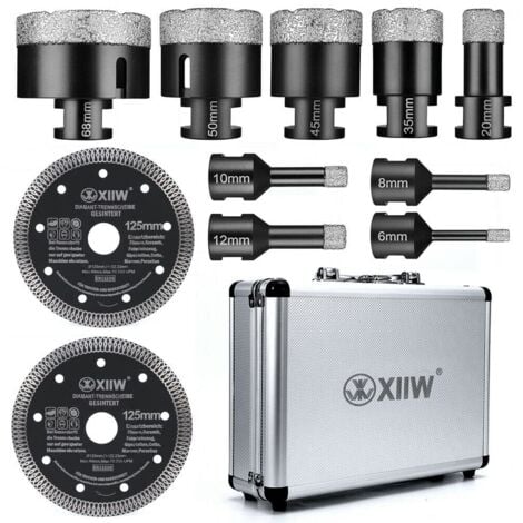 XIIW M14 Foret diamant 6/8/10/12/20/35/45/50/68 mm + Disque de tronçonnage pour meuleuse d'angle, scies cloches, carrelage, granit, grès cérame, céramique, maçonnerie, couronne de forage humide et sèche