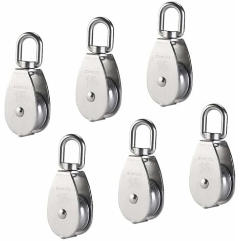 M15 304 Stainless Steel Single Pulley, 15MM Single Pulleys Block Roller, Crane Swivel Hook Smooth Wire Rope Cable Load 77lbs/35Kg (6Pcs)