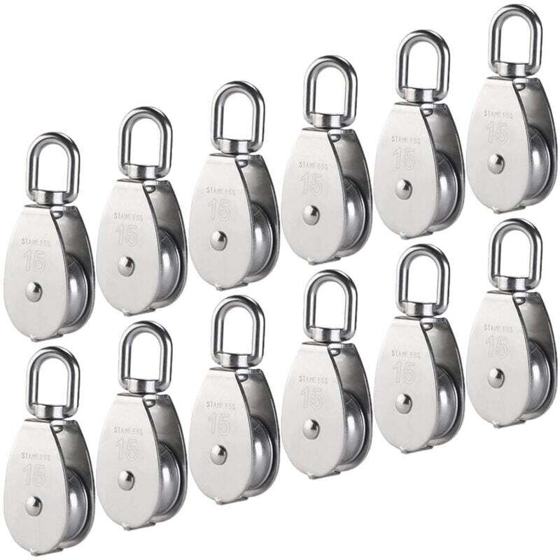 M15 Poulie Simple en Acier Inoxydable 304, 15MM Seul Poulies Bloc Rouleau, Grue Pivot Crochet Lisse Fil Corde Câble Chargement 77lbs/35Kg (12