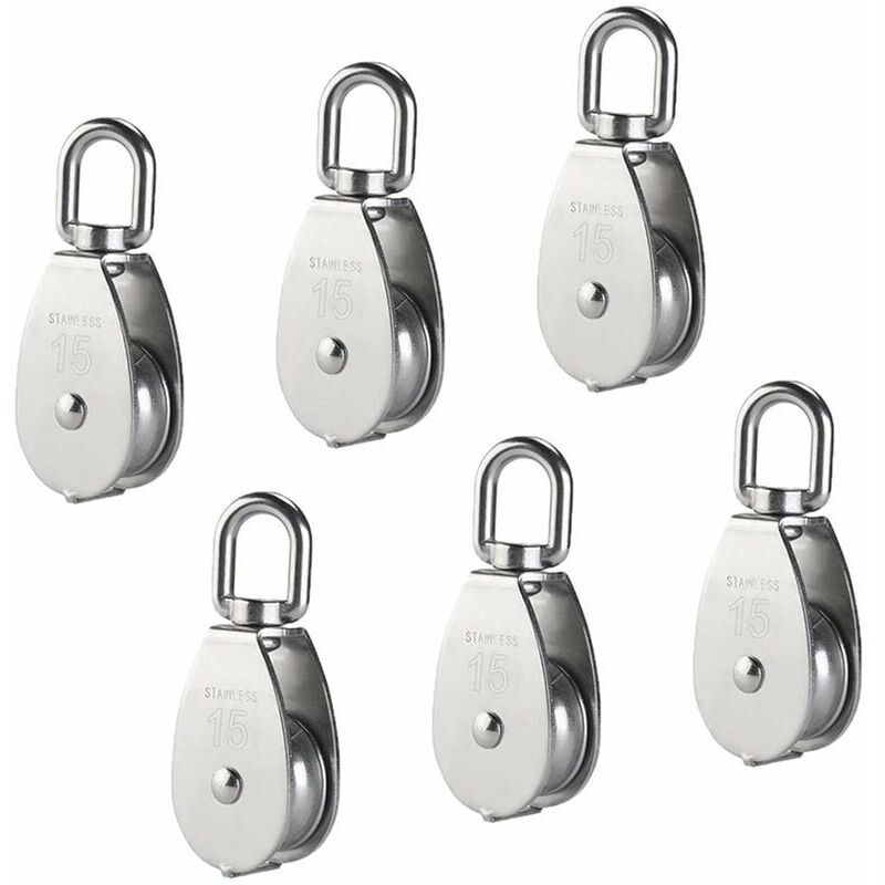 M15 Poulie Simple en Acier Inoxydable 304, 15MM Seul Poulies Bloc Rouleau, Grue Pivot Crochet Lisse Fil Corde Câble Chargement 77lbs/35Kg (6 Pièces)