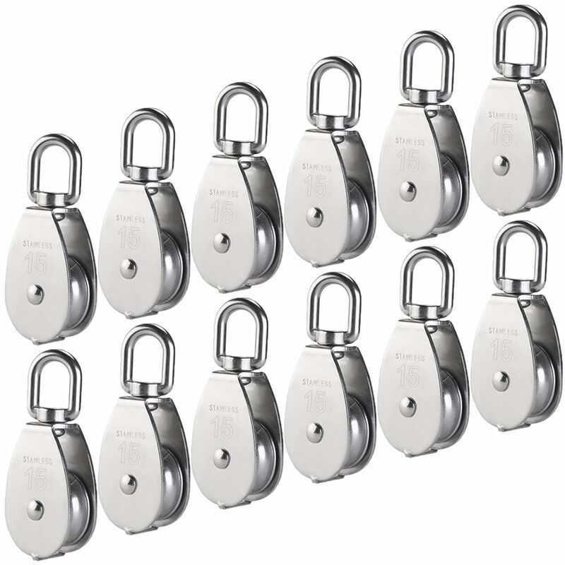 M15 Poulie Simple en Acier Inoxydable 304, 15MM Seul Poulies Bloc Rouleau, Grue Pivot Crochet Lisse Fil Corde Cble Chargement 77lbs/35Kg (12 Pièces)