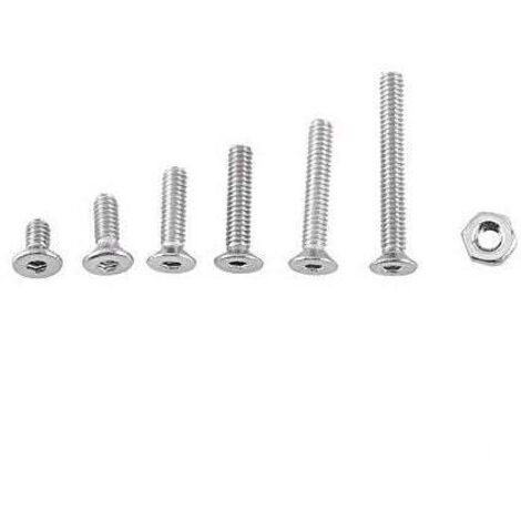 M2 250-teiliges Sortimentsset Innensechskantschrauben, flacher/gewölbter/zylindrischer Senkkopf, Edelstahl A2, mit Muttern, M2 x 4/6/8/10/12/16 mm (Flachkopf)