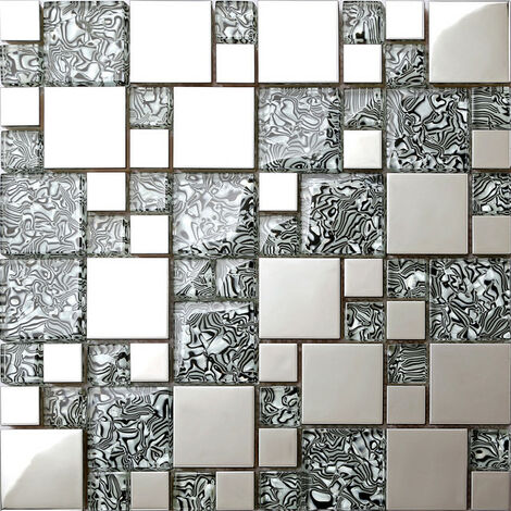 Carreaux de mosaïque en verre et acier inoxydable. Gris, Argent. (MT0132)