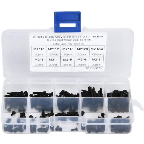 M2-Schrauben- und Muttern-Set, 300-teiliges Set aus legiertem Stahl M2 x 3/4/5/6/8/10/12/16/20 mm Sechskantschrauben- und Muttern-Set mit Aufbewahrungsbox