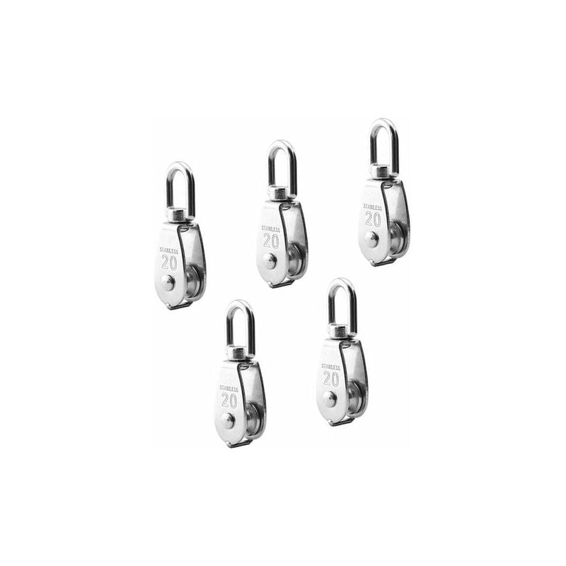 Aiperq - M20 304 Stainless Steel Single Pulley, 20MM Single Pulleys Roller Block, Crane Swivel Hook Smooth Wire Rope Cable Loading 75kg/165lbs (5Pcs)