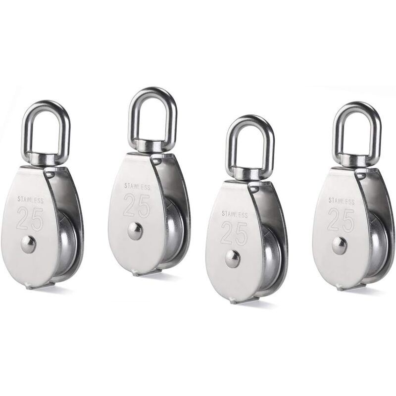 Linghhang - M25 Single Pulley Block, 304 Stainless Steel Pulley Roller, Crane Swivel Hook, Smooth Wire Rope, Load 331lb/150kg, 4pcs