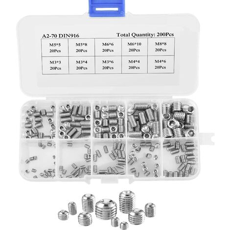 M3 M4 M5 M6 M8 Vis Sans Tête Hexagonale 200Pcs, Set Assortiment Vis Sans Tête Kit de Acier Inoxydable Douille Hexagonale