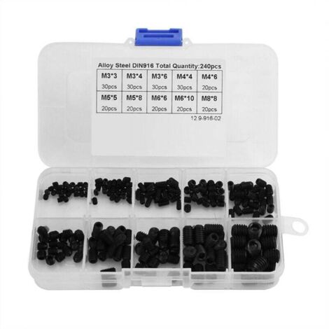 M3-M8 Coffret de 240pcs Assortiment Vis à Six Pans Creux sans Tête en Acier d'Alliage 10 Diverses Tailles