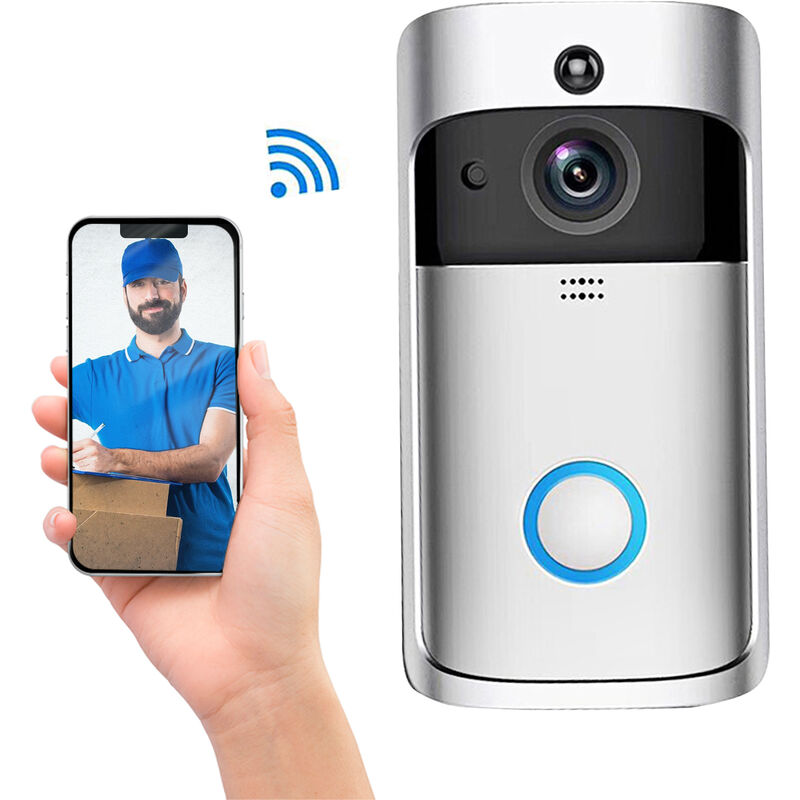 M3S wireless visual intelligent doorbell, 720p, remote video monitoring, PIR detection, night vision function, two-way intercom,Silver,No Battery