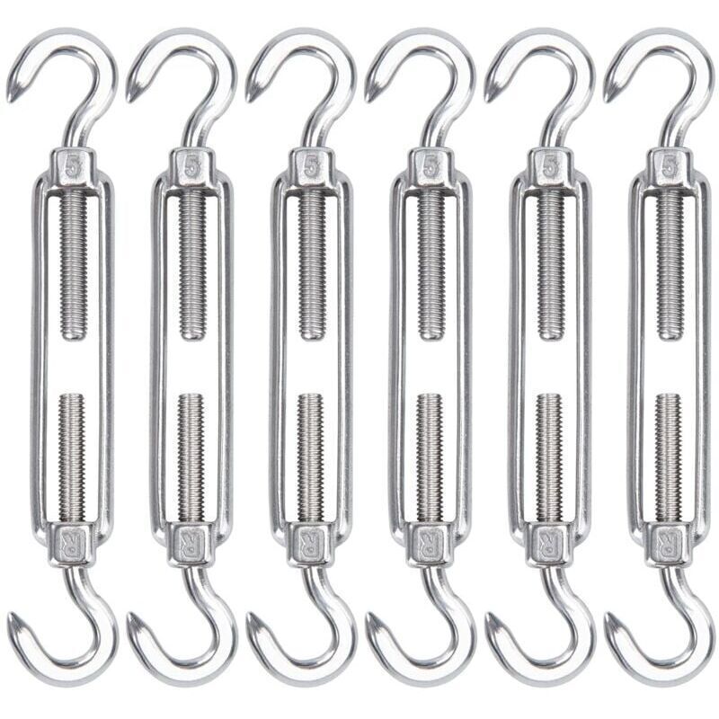 M5 Stainless Steel Cable Tensioner, Pack of 6 Adjustable Heavy Duty Wire Hook and Hook Tensioner for Rope, Cable, Clothesline, Grillage for Sun Shade