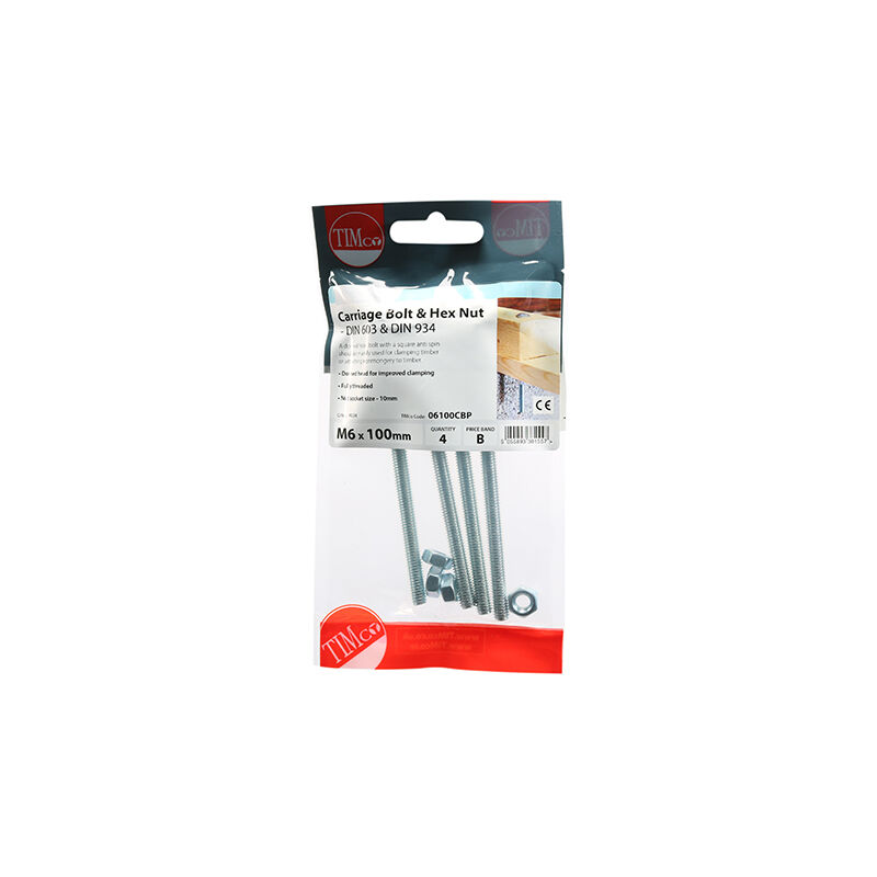 Timco - Carriage Bolts DIN603 & Hex Full Nut DIN934 Silver - M6 x 100