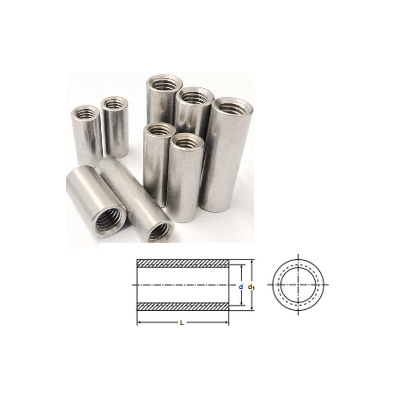 M6 x 30 mm Tiebar Connector - A2 (T304) Stainless Steel - Coupling Nut - Round