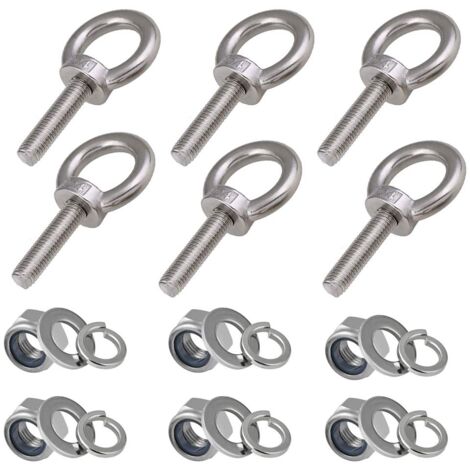 M8 Augenschrauben, 6 Stück  Gewindelänge 30mm  Nylon-Sicherungsmutter und Sicherungsscheiben, 304-Marine-Edelstahl-Außengewindebolzen