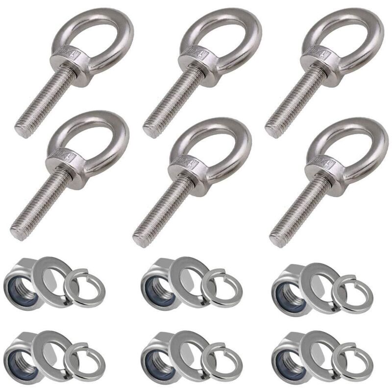 Tinor - M8 Eye Bolts, 6 Pcs 30mm Thread Length Nylon Lock Nut and Lock Washers, 304 Stainless Steel Marine External Threaded Bolts
