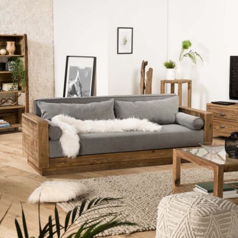 Macabane – Canapé 3 places en pin recyclé marron – Tissu polyester gris – Dimensions 224 x 81,5 x 80 cm – Meuble monté