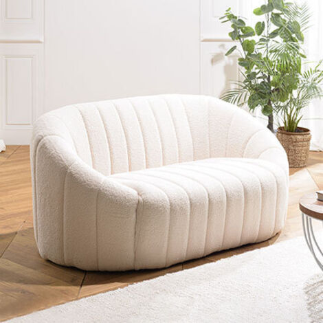 Macabane – Canapé coquillage 2 places en tissu bouclette blanc – Dimensions 146 x 83 x 68 cm – Design rétro et confort optimal