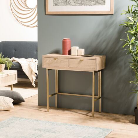 Macabane – Console en MDF plaqué frêne 2 tiroirs – Pieds en métal doré – Dimensions 80x34x79 cm – Design moderne pour intérieur élégant