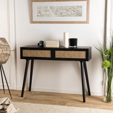 Macabane – Console noire en MDF plaqué frêne 110x33x81,5 cm – 2 tiroirs en cannage – Élégante et moderne pour intérieur chic