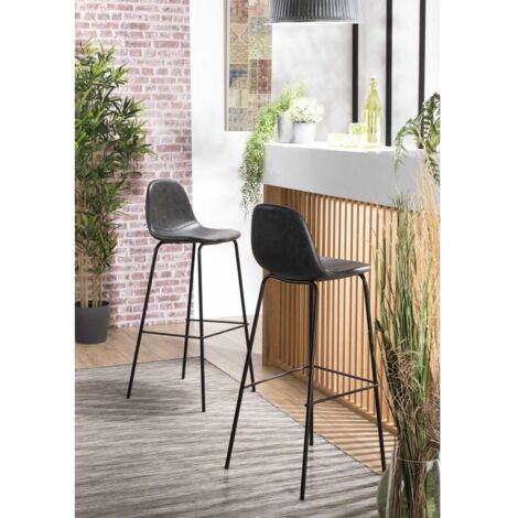 Macabane – Lot de 2 tabourets de bar John noir – Hauteur d'assise 80 cm – En PU et métal – Design moderne pour cuisines et bars
