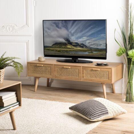 Macabane – Meuble TV couleur naturelle 120x40x40 cm – 3 tiroirs en MDF et rotin – Style moderne et élégant – Pour salon contemporain