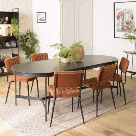 Macabane – Table à manger ovale noire 240x104cm – Fer et MDF plaqué chêne – Pieds à visser – Ambiance conviviale et chaleureuse