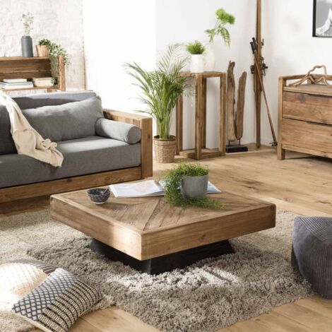 Macabane – Table basse carrée 99.5x99.5cm en pin recyclé marron – Design rétro années 50 – Base pyramidale pour stabilité – Style nordique industriel