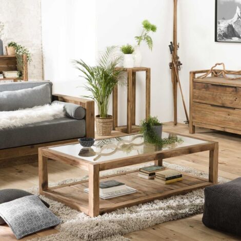 Macabane – Table basse fixe marron 140x80 cm – Plateau en verre trempé – Bois de pin recyclé – Meuble monté moderne pour salon