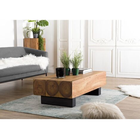 Macabane – Table basse fixe poutres en bois Suar 120x60cm – Pieds noirs – Élégance moderne et robustesse naturelle – Meuble monté