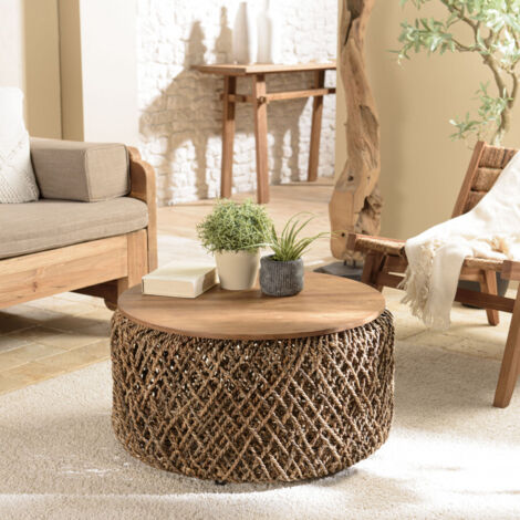 Macabane – Table basse ronde 70 cm – Plateau en teck recyclé et fibre de cocotier – Meuble monté – Ambiance chaleureuse pour intérieur - diam70