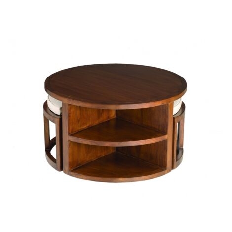 Macabane – Table basse ronde en bois Mindi marron avec 2 tabourets coussins écrus – Dimensions 90x90x50.7 cm – Finition vernis velouté