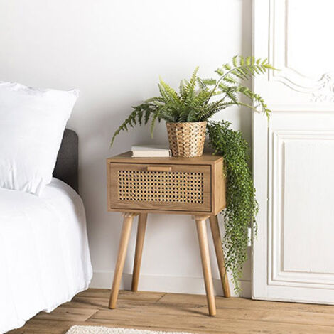 Macabane – Table de chevet en bois naturel 1 tiroir en cannage – Dimensions 40x30x55,5 cm – MDF plaqué frêne et rotin