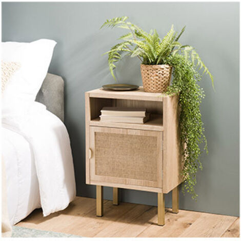 Macabane – Table de chevet en MDF plaqué frêne – 1 niche 1 porte en toile de jute – Pieds en métal doré – Dimensions 40x30x59,5 cm