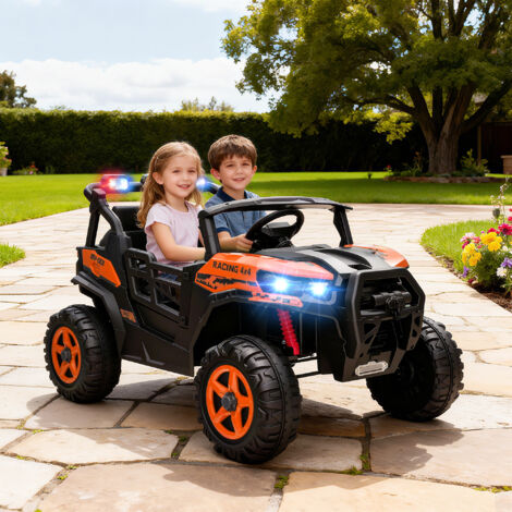 Macchina Elettrica per Bambini 2 Posti 24V Fuoristrada, 3-8km/h Auto Elettrica per Bambini 3-8 Anni 60KG con 2 Motori, Sospensioni, Telecomando, Musica, Fari LED e Clacson, Arancione