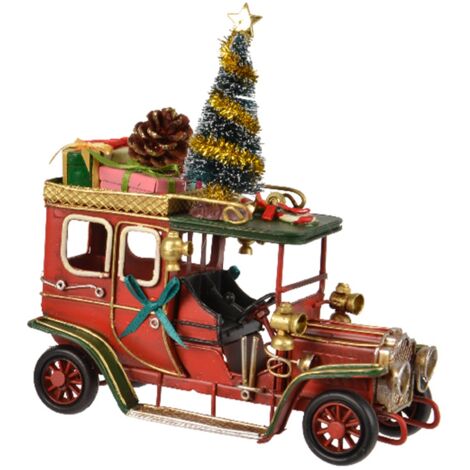 Macchina natalizia in ferro con albero, pigna e regali, decorazione per villaggio di Natale da 17 cm -Rosso