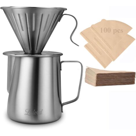 Macchina per caffè a filtro, set per macchina per caffè in acciaio inossidabile 304 con 100 filtri di carta n. 2 e una brocca per schiumare il latte da 600 ml, per casa e campeggio
