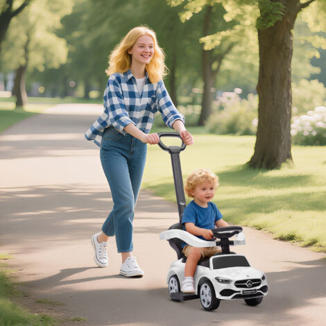 Macchina Primi Passi Cavalcabile per Bambini 1-3 Anni Convertibile in Passeggino con Maniglione, Barriera a 360° e Volante, Auto Cavalcabile in PP e Acciaio, 91x40x83 cm, Bianco