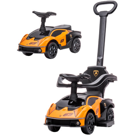 Macchinina Lamborghini 2 in 1 per bambini con maniglia e barriera di sicurezza, volante e clacson, in PP e metallo, 86,5x40x89,5 cm, arancione e nero