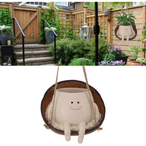 Maceta colgante con carita sonriente – Maceta innovadora para plantas de interior y jardín – Resina – 14 x 10,2 x 14 cm con 2 ganchos
