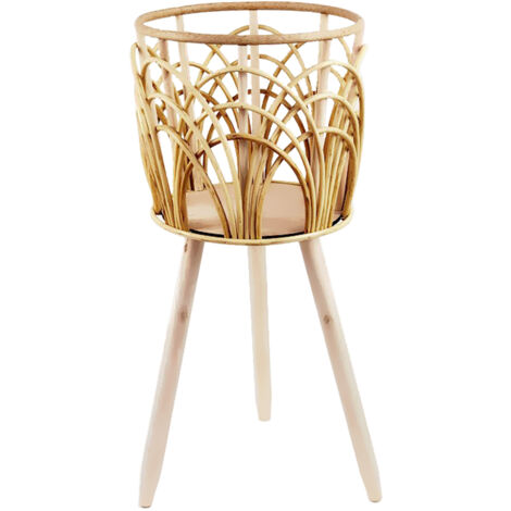 Maceta colgante de ratán hecha a mano con bandeja de madera extraíble – Modelo grande de 26 x 23,5 x 58 cm para balcón, sala de estar y comedor.