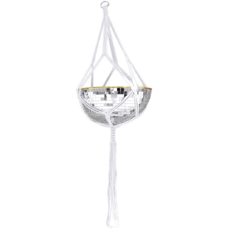 Maceta colgante estilo espejo con bolsa de malla, fabricada en plástico color plata. Disponible en 3 tamaños.