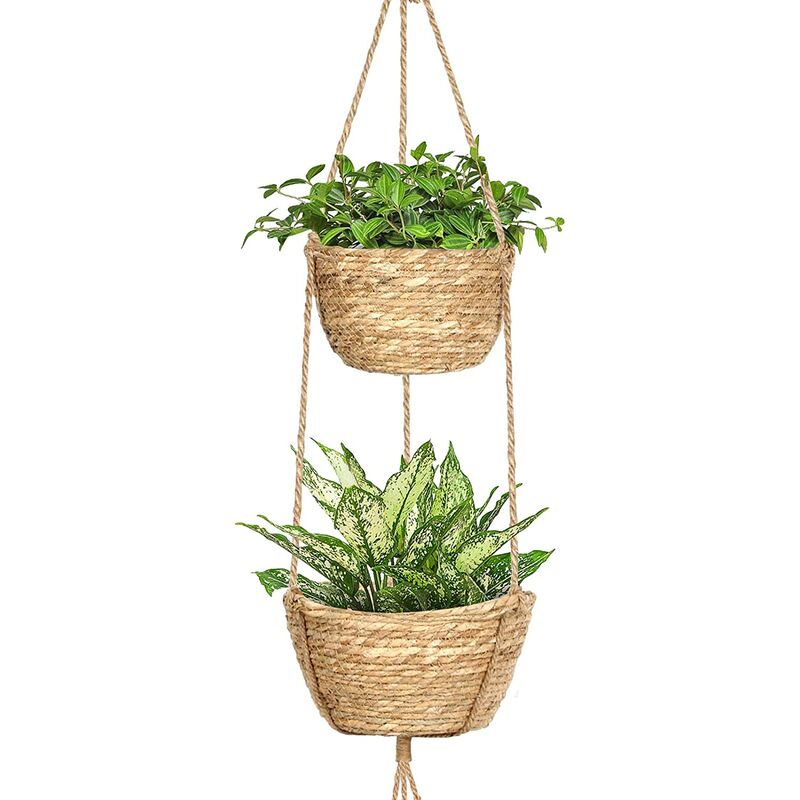 

Maceta colgante para interior, 2 capas de algas marinas, cesta colgante, soporte para plantas con cuerda de yute ajustable, macetas decorativas para