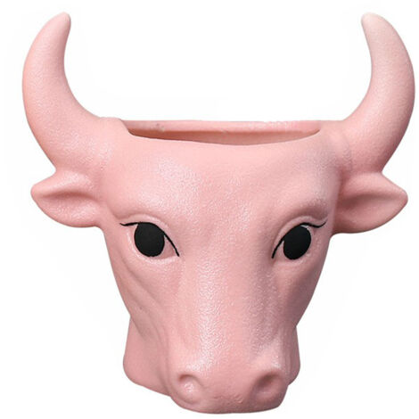 Maceta de cerámica blanca creativa para suculentas con figura decorativa de toro rosa Lu Bao, 1 maceta