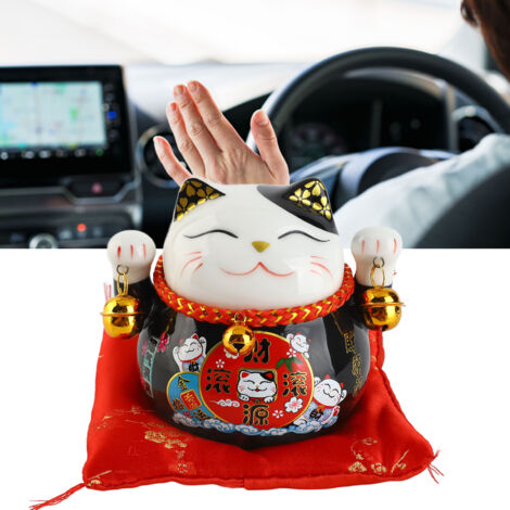 Maceta de cerámica negra con motivo de gato de la suerte, 11,4 cm (4,5 pulgadas), para decoración de oficina, regalo de cumpleaños con función para guardar monedas.