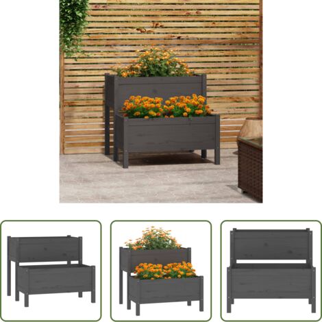 Maceta de dos niveles -  Jardinera de madera maciza de pino gris 84,5x84x75 cm
