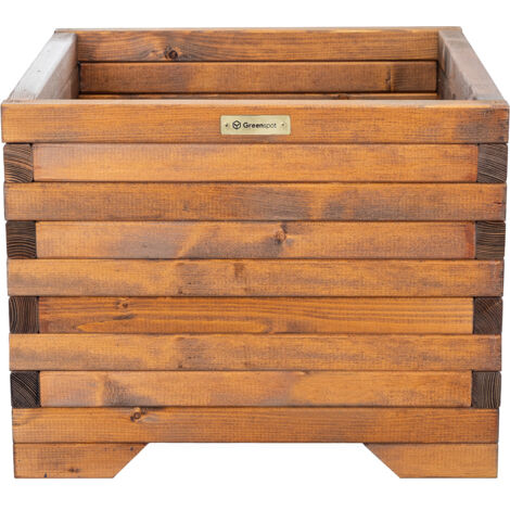 Maceta de madera 50x50x40cm Greenspot para terraza, balcón y jardín - Caja de madera maciza para arbustos - Maceta de jardín cuadrada de troncos de madera para árboles, arbustos, flores - Color madera