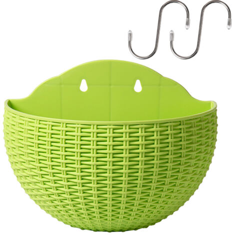 Maceta de pared, tipo cesta, semicircular, PP, 26 x 20,5 x 13 cm, luz verde, riego automático, 2 ganchos